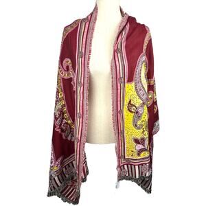 NEW XIIX Hand Painted Paisley Jacquard Wrap Shawl Burgundy Gold White Reversible